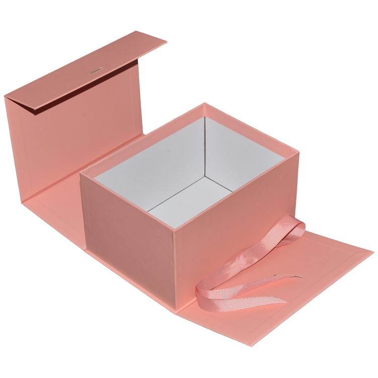 Pink Flip Top Boxes with Magnetic Catch and Changeable Silk Ribbon for Cosmetics Packaging from Shenzhen Manufacturer