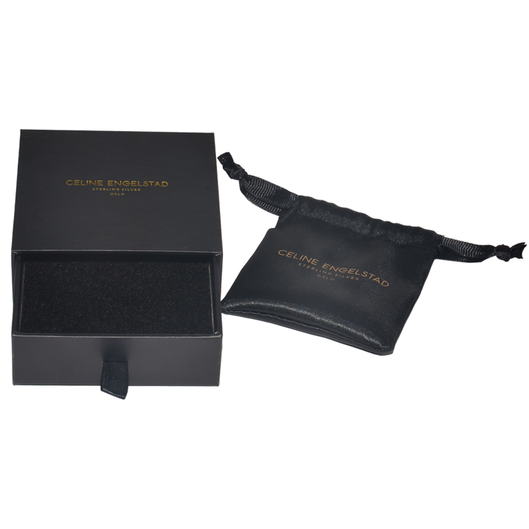 Elegant Sliding Drawer Box for Jewelry Packaging with Satin Bag and Golden Hot Foiled Logo from China Supplier