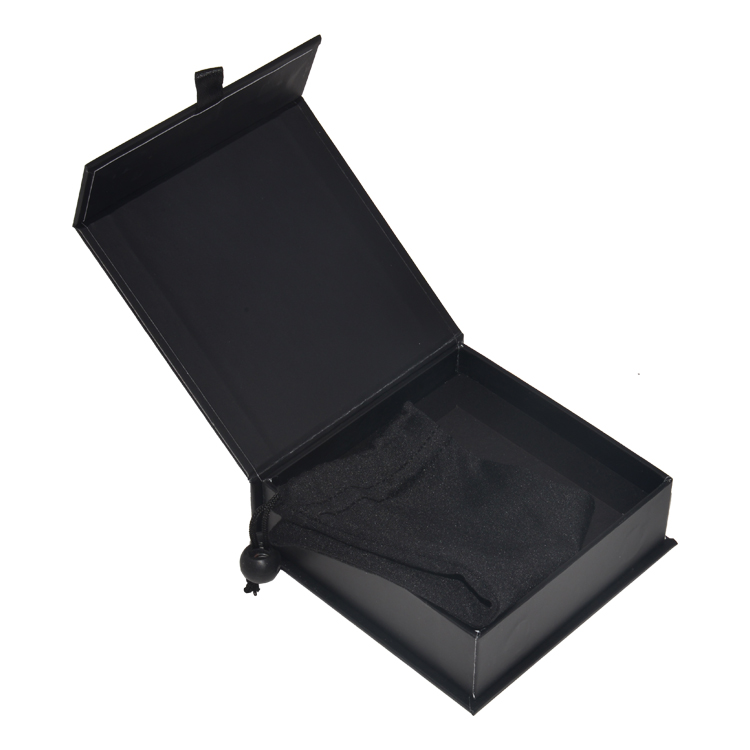 Matte Black Magnetic Jewelry Gift Box with Silver Hot Foil Stamping Logo and Drawstring Bag from Shenzhen Factory