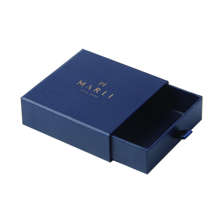 Custom Navy Blue Drawer Box Jewelry Gift Box Stamping Foil Logo Packaging Earring Ring Necklace Box with Velvet foam