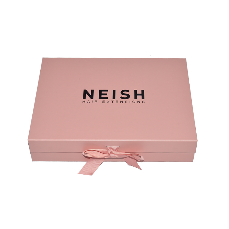 Custom Foldable Collapsible Pink Magnetic Hair Extension Wigs Gift Box with Silk Ribbon and Foil Stamping Logo