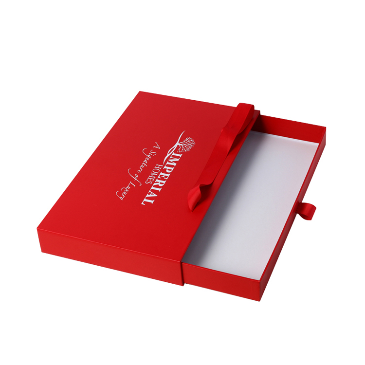 Red Customized Designed Paper Drawer Box with Gold Hot Stamping Logo and Ribbon Handle for Hotel Souvenir Packaging