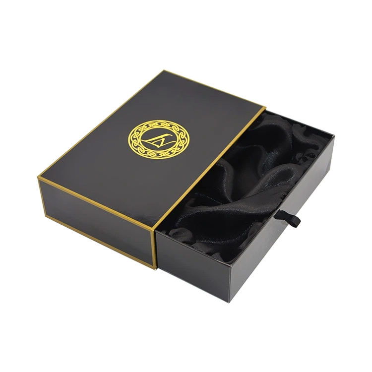 Custom Sliding Paper Drawer Hair Extension Box Packaging Box with Satin Holder and Gold Hot Stamping Logo