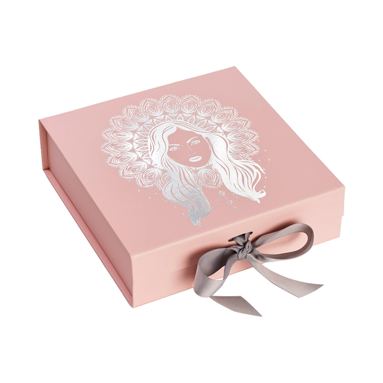 Customized Pale Pink A5 Shallow Foldable Magnetic Gift Boxes with Changeable Ribbon and Hot Foil Stamping Logo