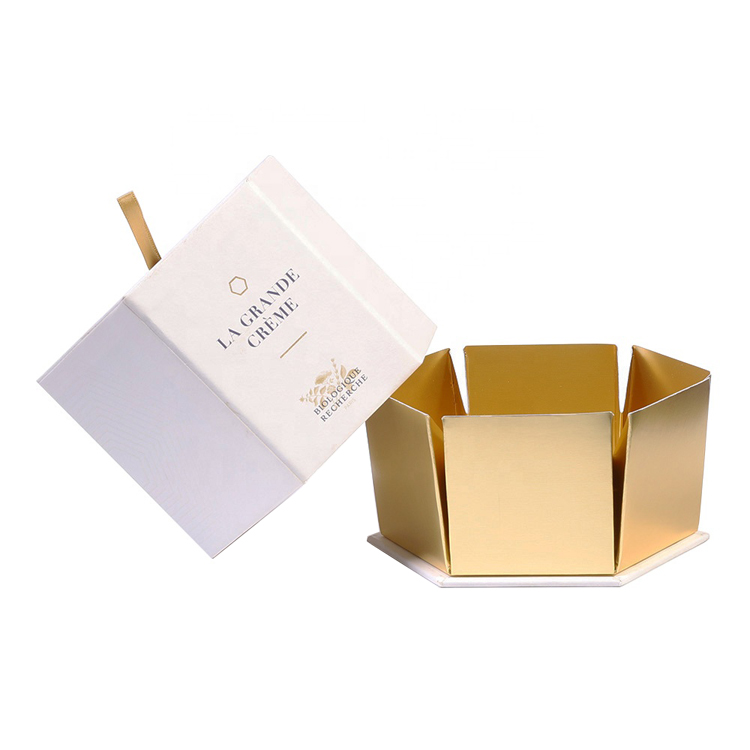 Custom Paper Gold Cardboard Gold Cosmetic Hexagon Box Paper Hexagonal Gift Box for Skin Care Silk Ribbon