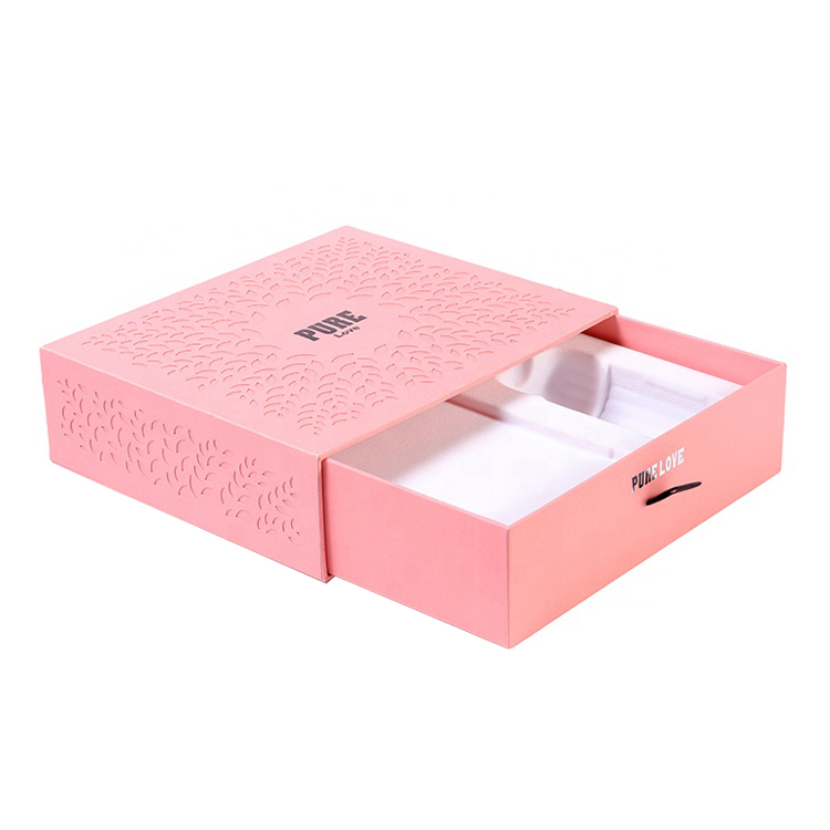 Customized Blush Pink Paper Cosmetics Packaging Cardboard Sliding Drawer Box with Silver Foil Stamped Logo and Plastic Holder