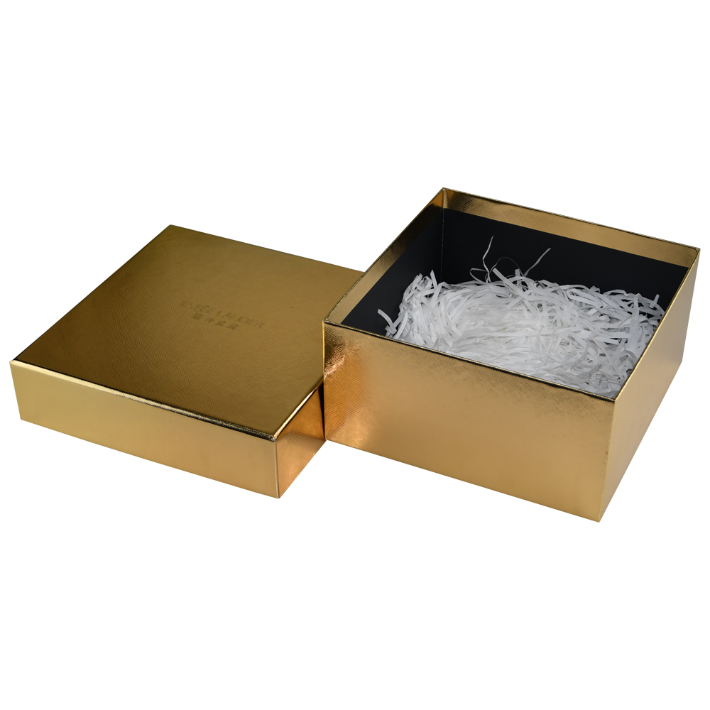 Custom Printed Gold Cardboard Gift Boxes with White Shredded Paper Tray and Debossed Logo