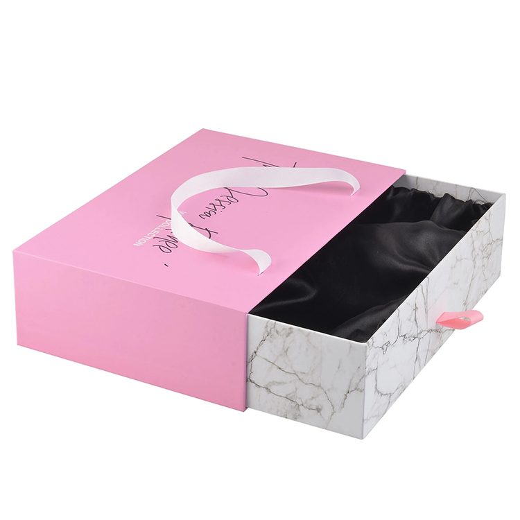 Marble Paper Sliding Drawer Wigs Gift Packaging Box Slide Out Hair Extension Box with Satin with Silk Handle