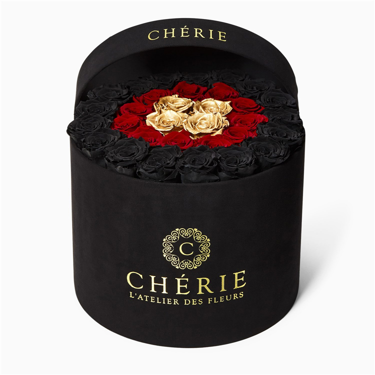 Golden Logo Long Stem Preserved Rose Packaging Luxury Suede Velvet Round Flower Box With Lid