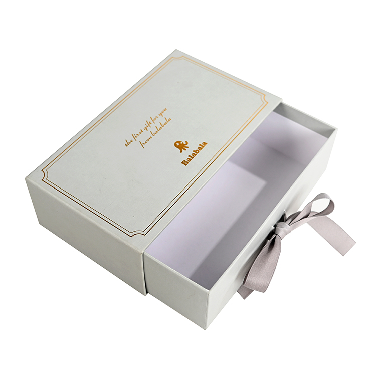 Wholesale custom logo rigid slide out drawer gift box fancy white sliding paper clothing packaging box with ribbon