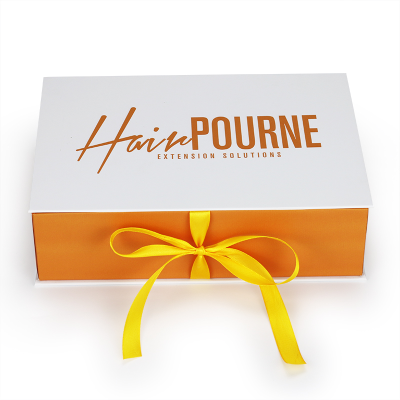 Custom High Quality Stain Insert Gold Hot Stamp Logo Hair Wig Gift Packaging Box with Ribbon Closure